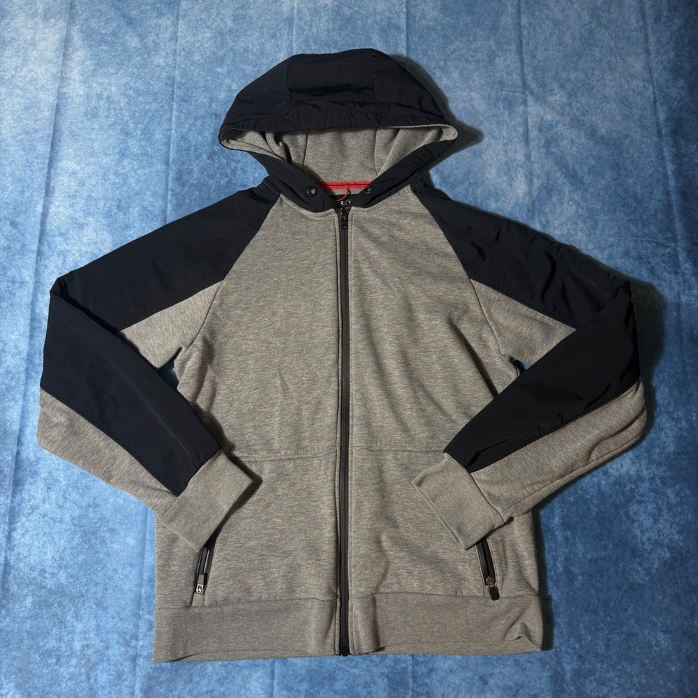 Aeropostale Tech Fleece Full Zip Hoodie Jacket‎ Gray Navy Mens L No Drawstrings